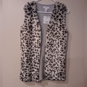 Liz Claiborne Faux Fur Leopard Print Vest in Cream and Black Sz S Vintage